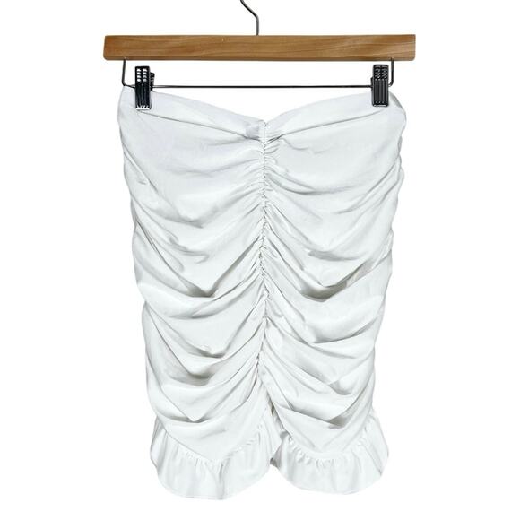 Pretty Little Thing NWT Coquette White Slinky Ruched Frill Hem Mini Skirt - Picture 3 of 6